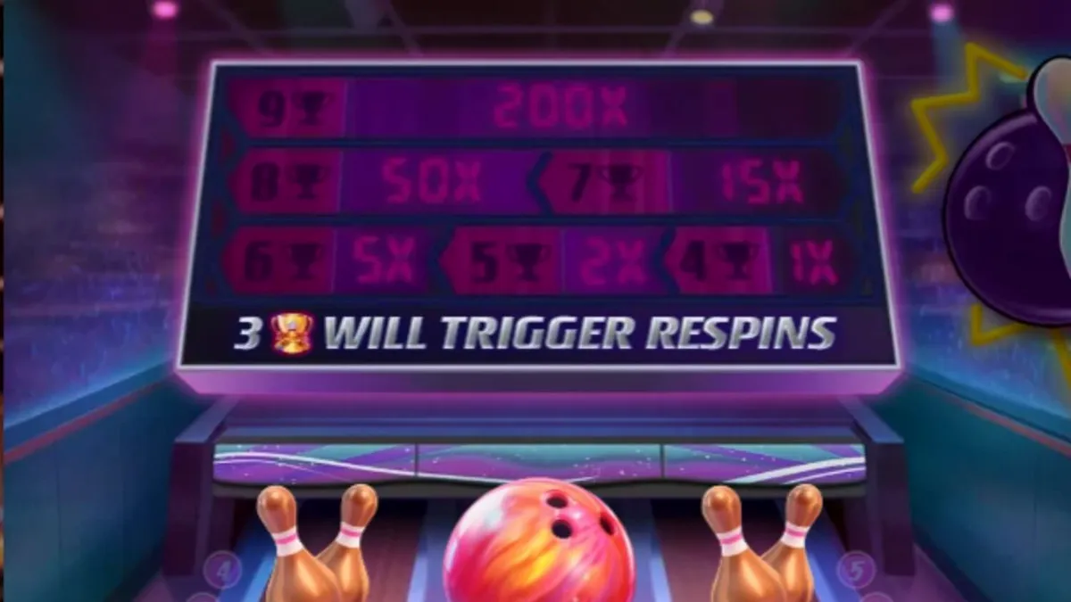 Interface do jogo de slot Perfect Strike com elementos de boliche e neon