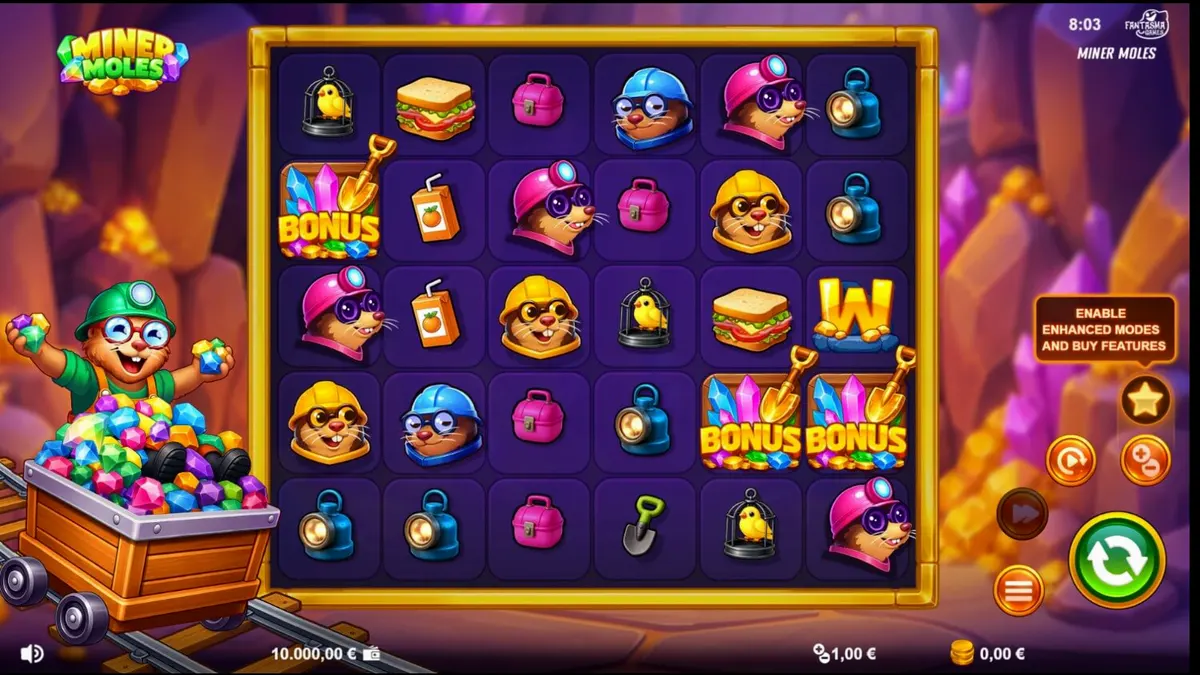 O slot Miner Moles apresenta uma grade colorida com toupeiras mineradoras e cristais brilhantes em um cenário de caverna subterrânea.