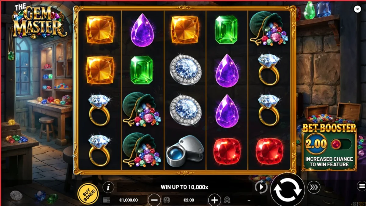 O painel de jogo de The Gem Master com gemas brilhantes e símbolos de joalheria